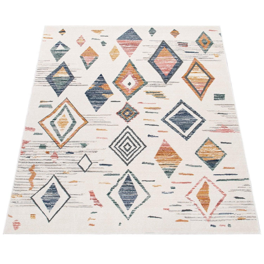 Area Rug Cream Low-Pile Boho Style Colorful Diamond Pattern