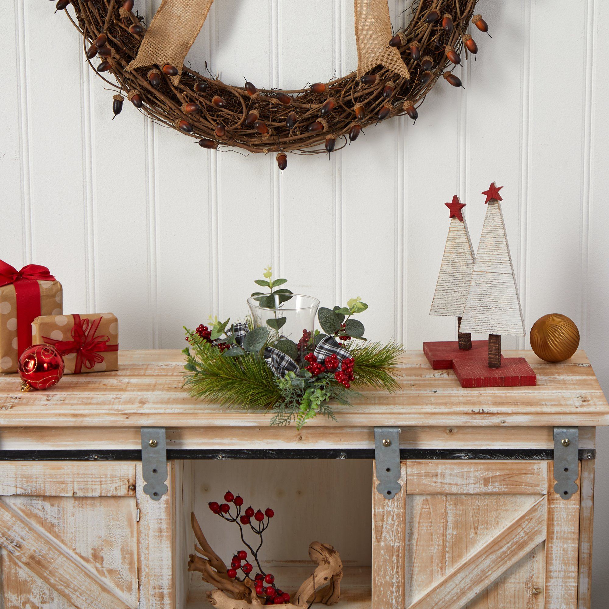 10” Evergreen Pine and Red Berries Artificial Christmas Candelabrum with Decorative Bows