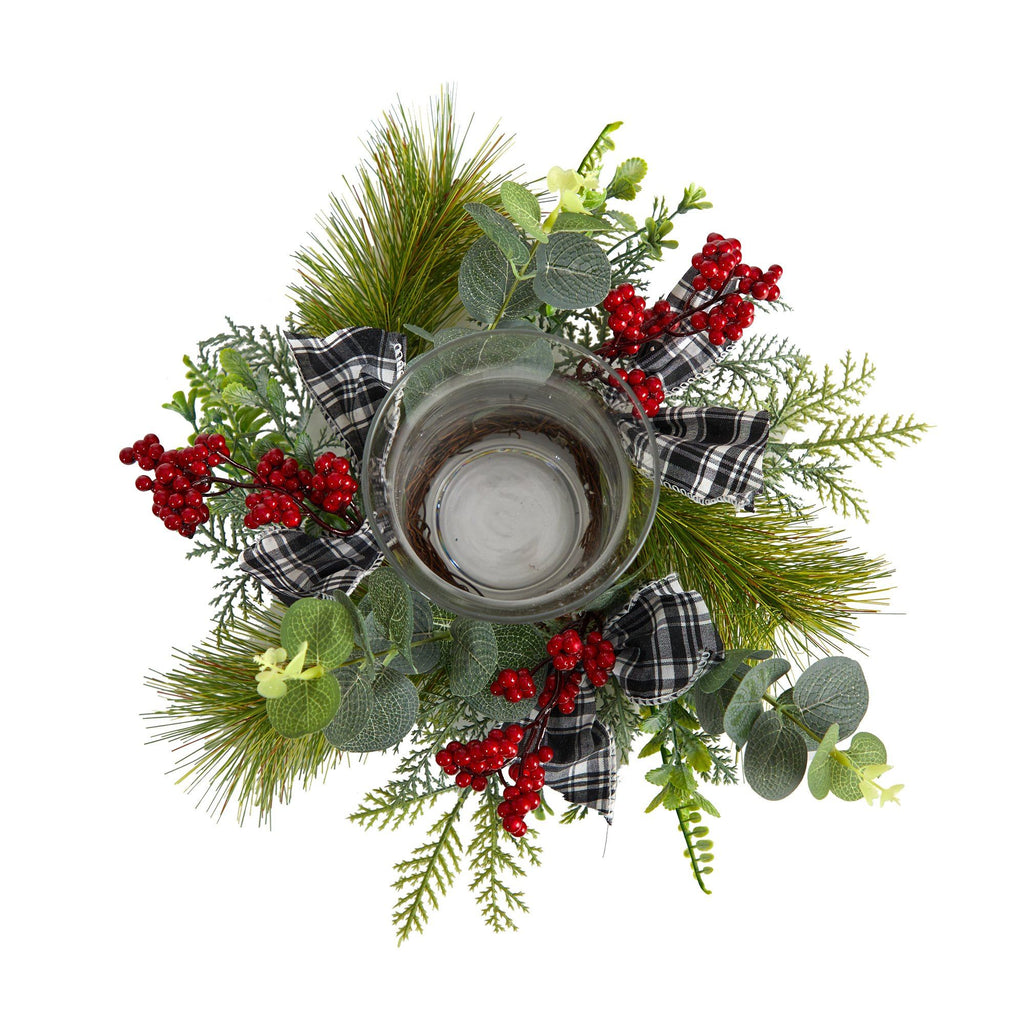10” Evergreen Pine and Red Berries Artificial Christmas Candelabrum with Decorative Bows