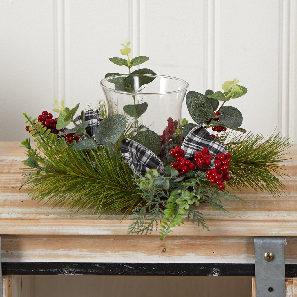 10” Evergreen Pine and Red Berries Artificial Christmas Candelabrum with Decorative Bows