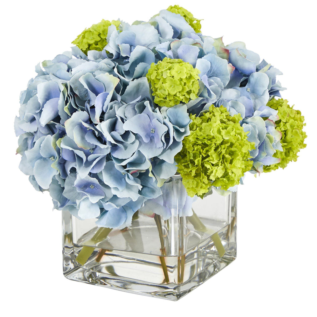10” Hydrangea Artificial Arrangement in Glass Vase