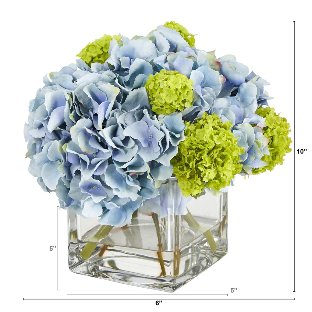10” Hydrangea Artificial Arrangement in Glass Vase
