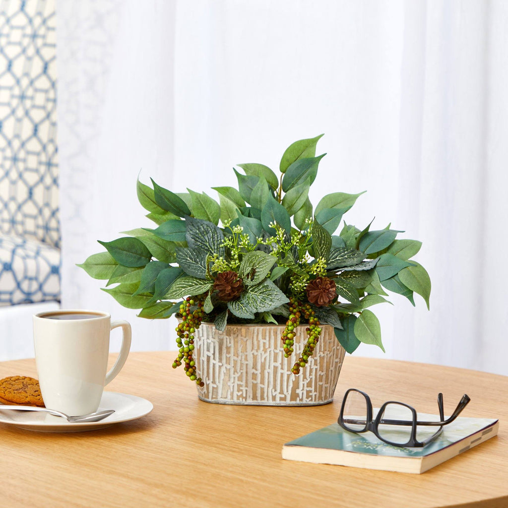10” Mixed Ficus and Fittonia Artificial Plant in White Tin Planter