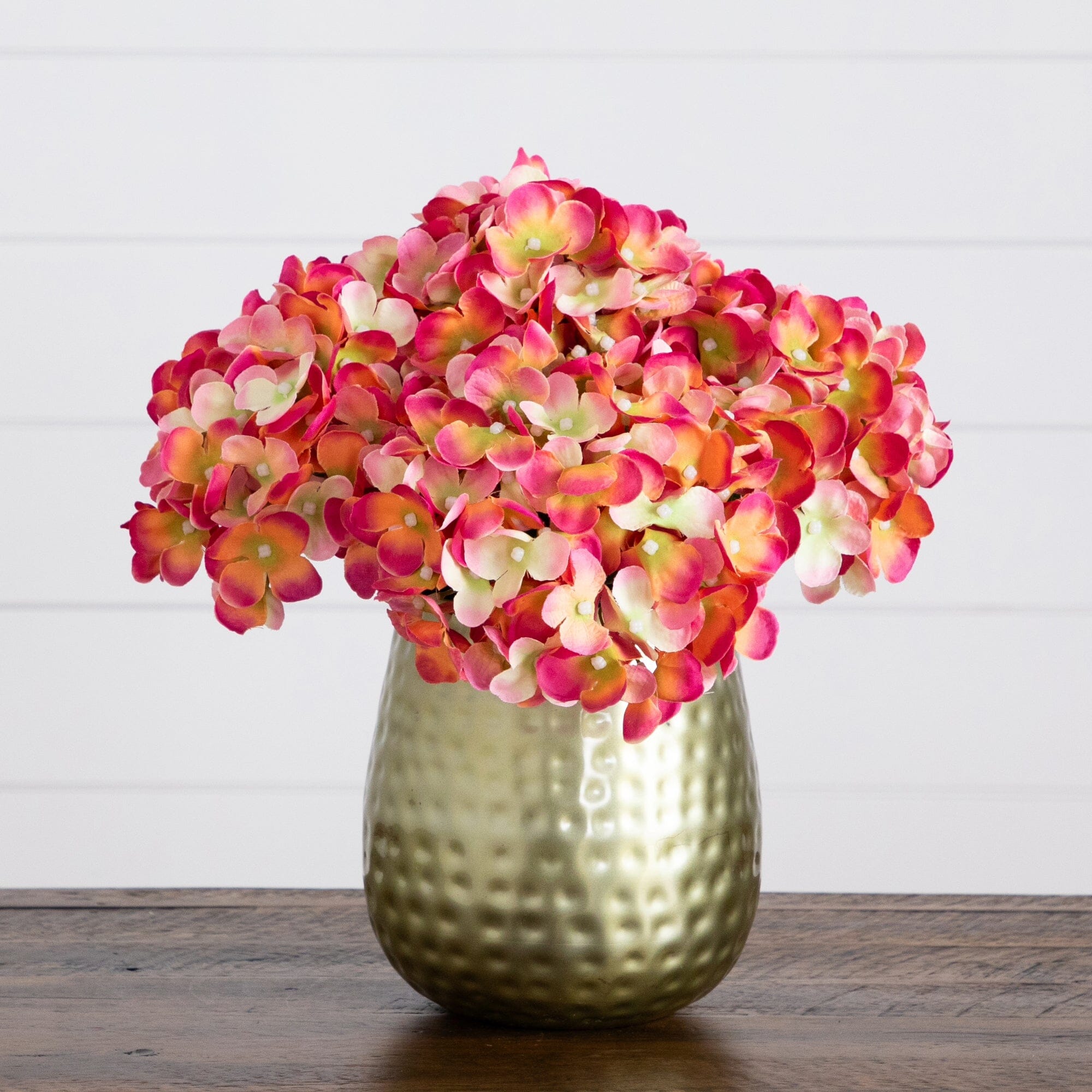 11” Artificial Hydrangea Arrangement in Gold Metal Vase