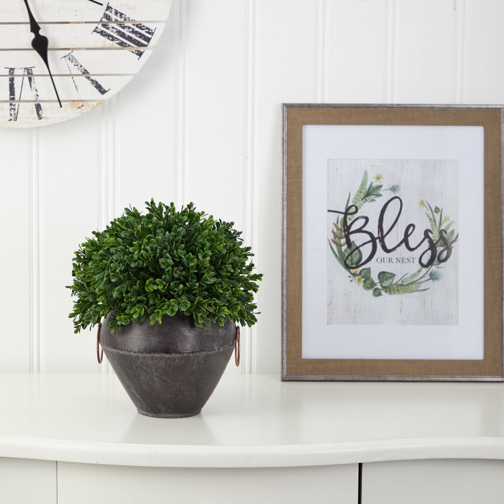 11” Boxwood Topiary Artificial Plant in Metal Bowl  (Indoor/Outdoor)