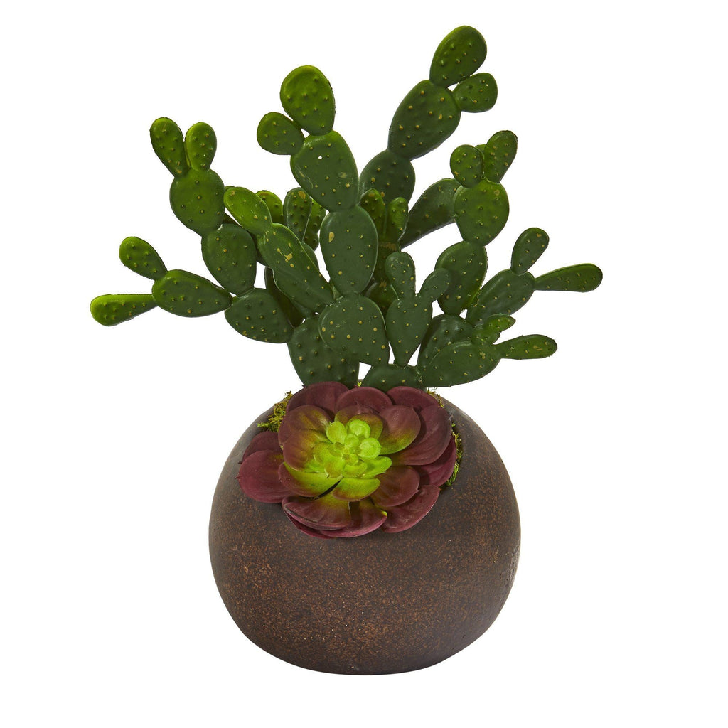 11” Cactus and Echeveria Succulent Artificial Plant in Stone Planter
