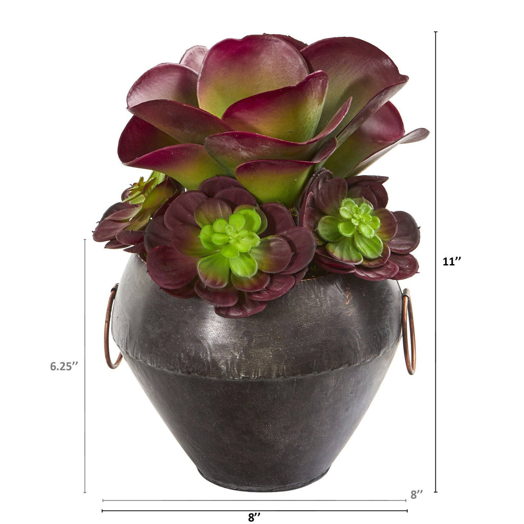 11” Echeveria and Succulent Artificial Plant in Metal Bowl