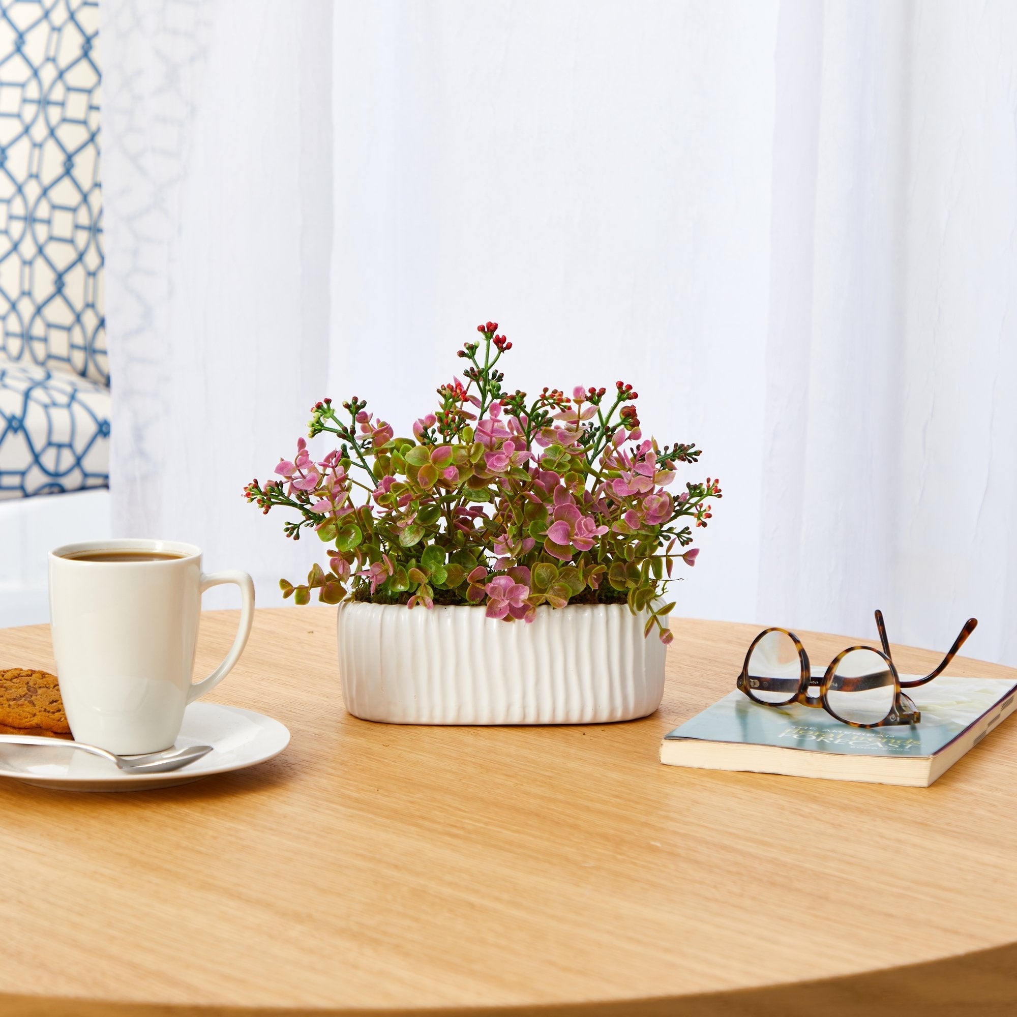 11” Eucalyptus and Sedum Artificial Plant in White Planter