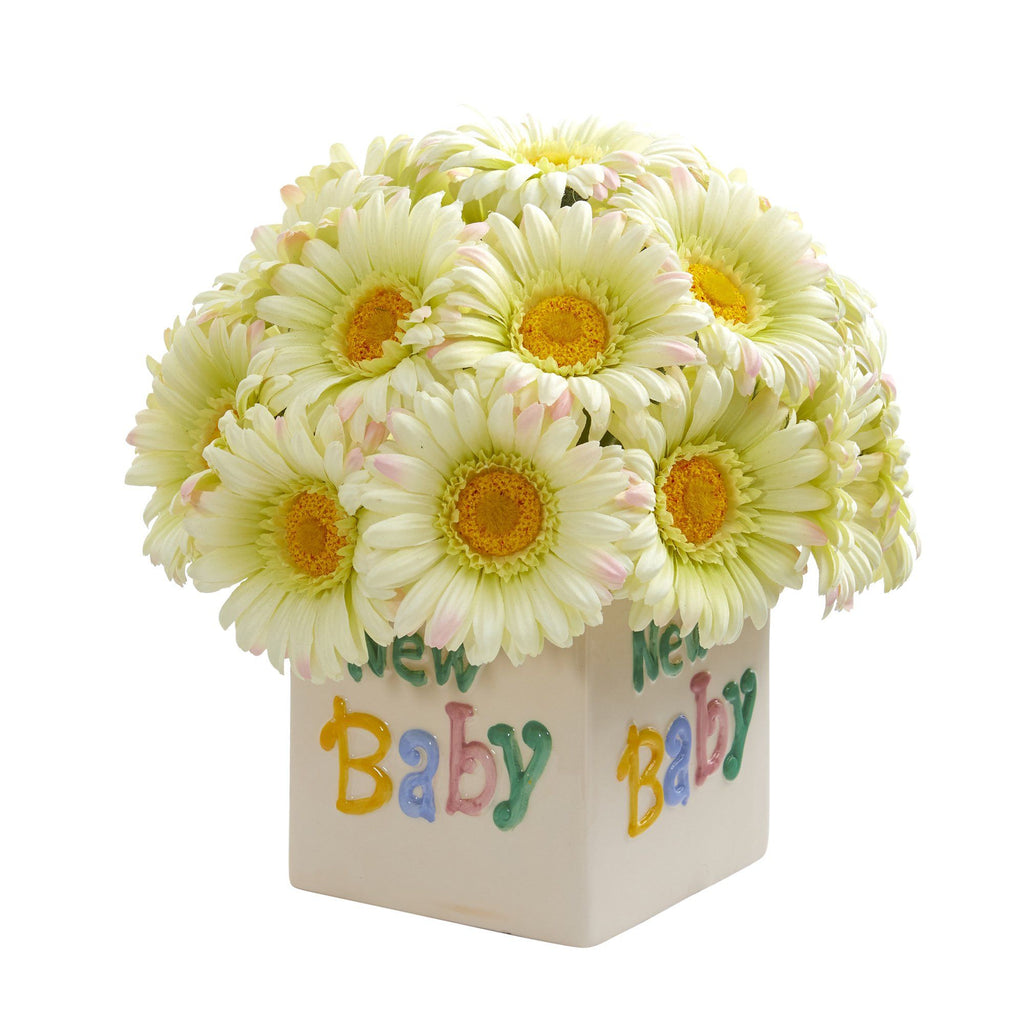 11” Gerber Daisy Artificial Arrangement in “New Baby” Vase