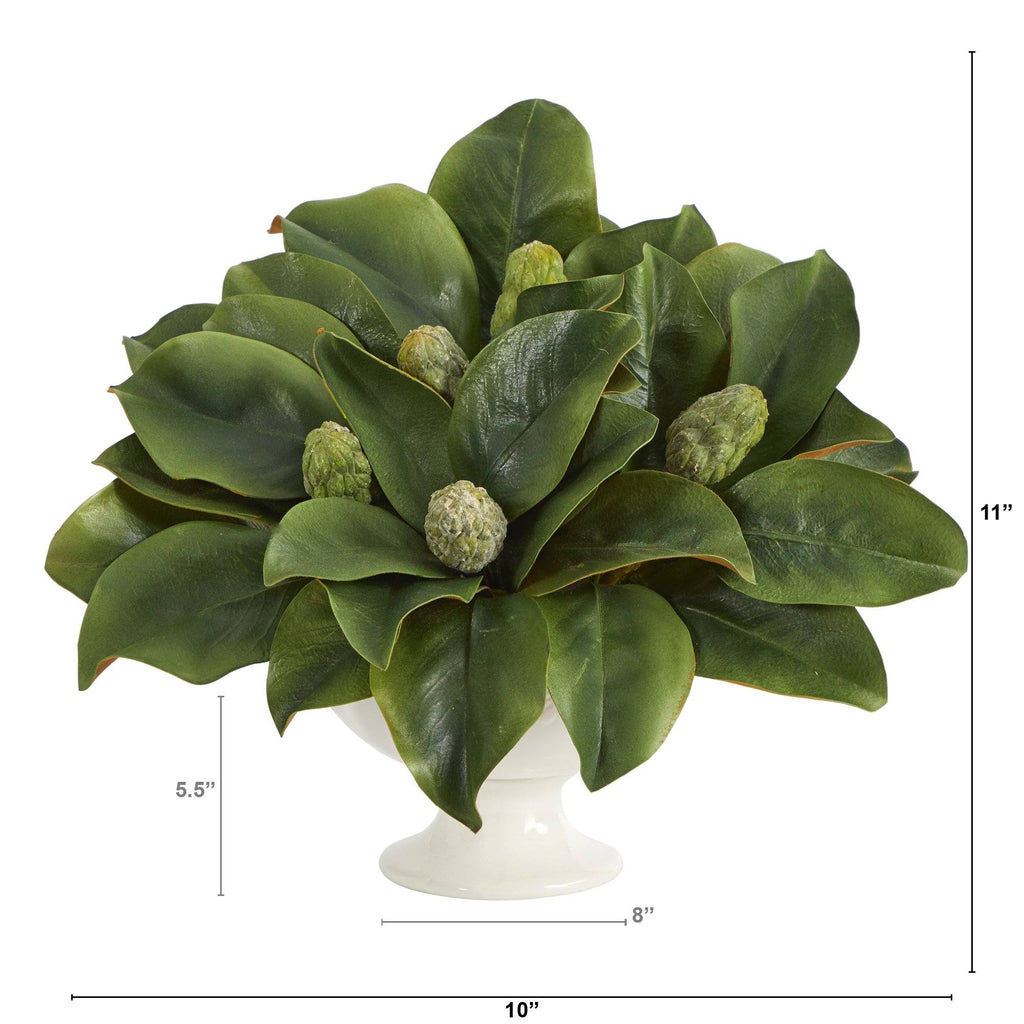 11” Magnolia Artificial Bud Plant in White Pedestal
