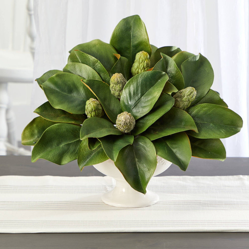 11” Magnolia Artificial Bud Plant in White Pedestal