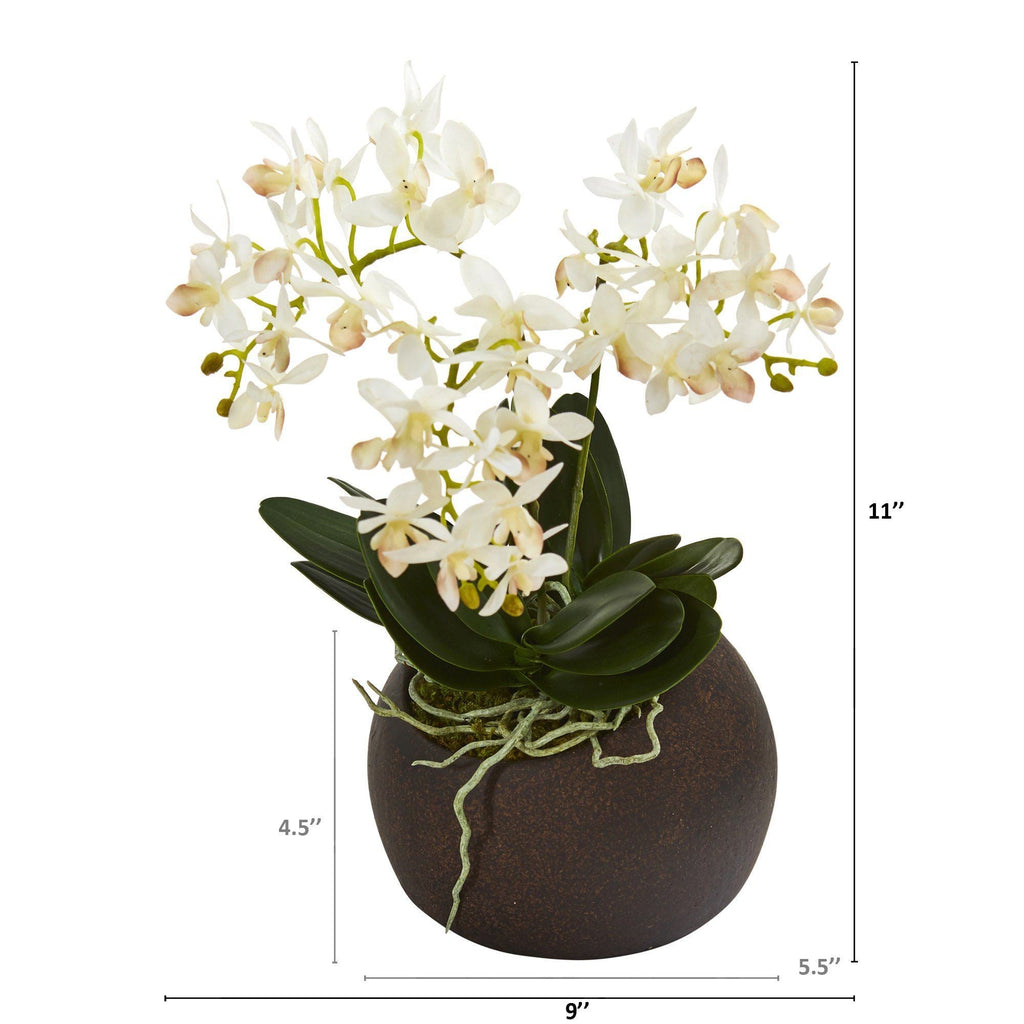 11” Mini Orchid Phalaenopsis Artificial Arrangement in Stone Vase