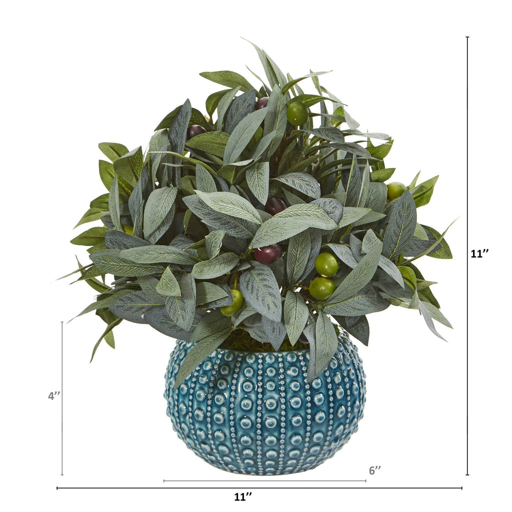 11” Olive Branch Artificial Plant with Berries in Blue Planter