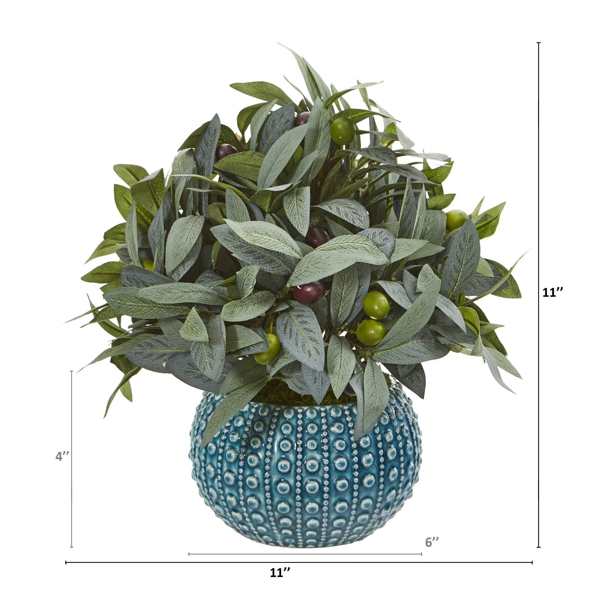 11” Olive Branch Artificial Plant with Berries in Blue Planter