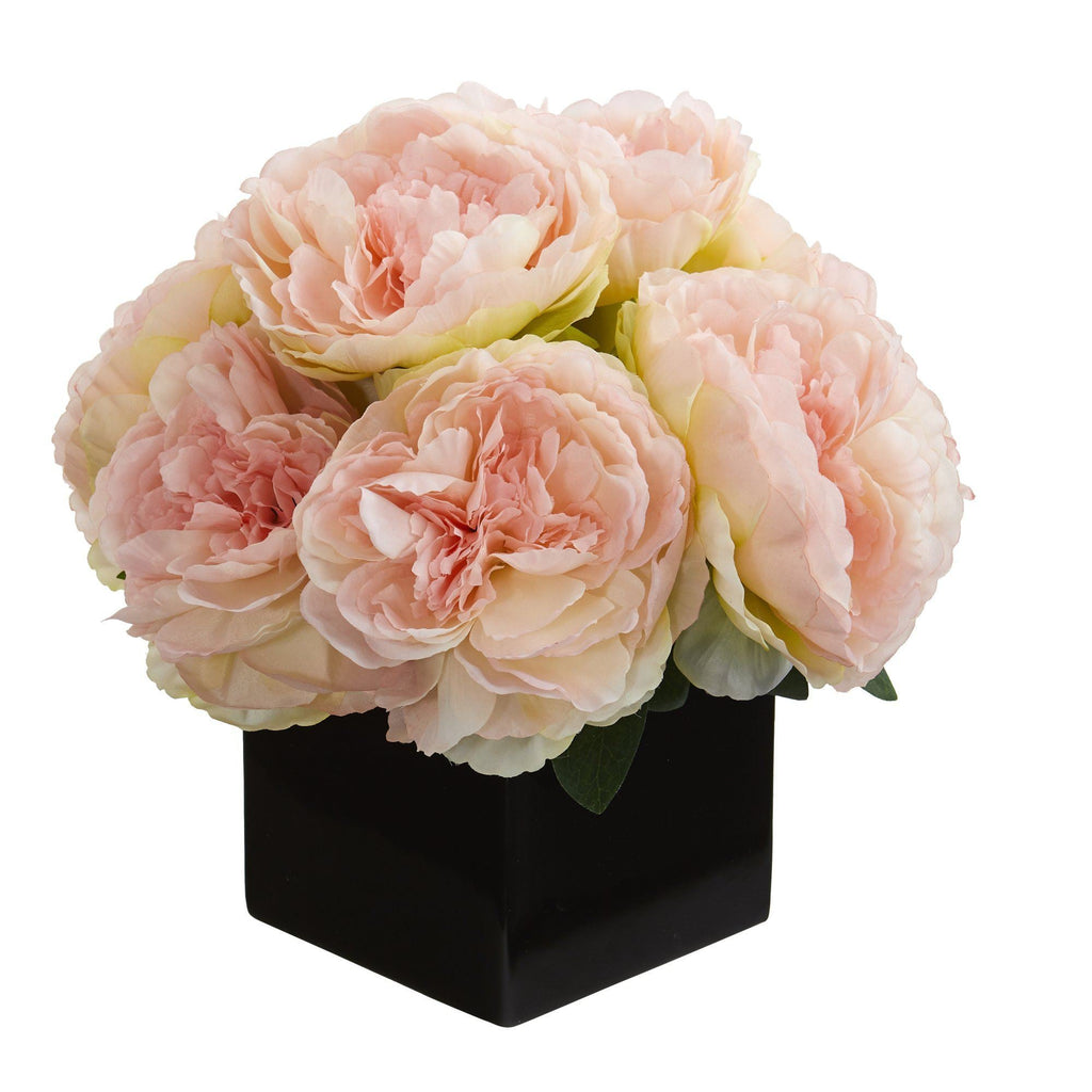 11” Peony Artificial Arrangement in Black Vase