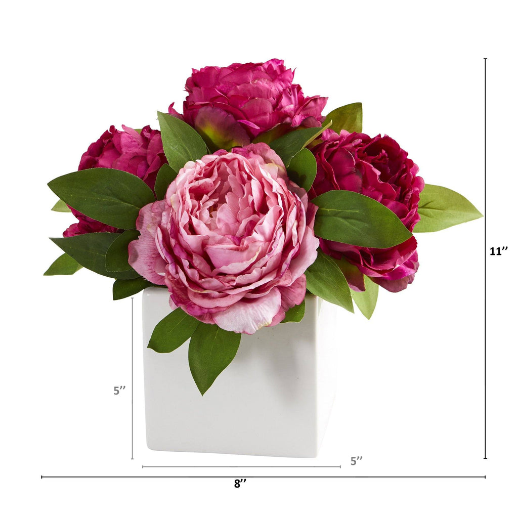 11” Peony Artificial Arrangement in White Vase