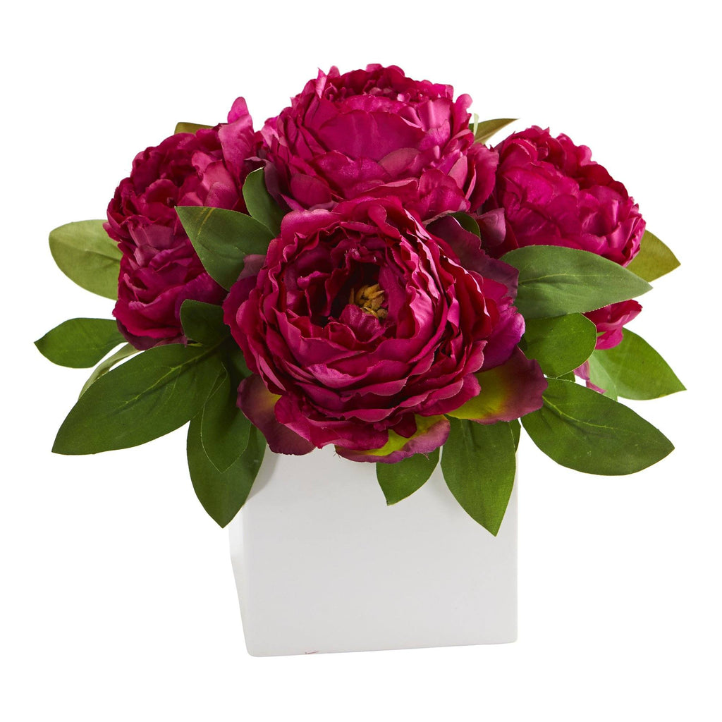 11” Peony Artificial Arrangement in White Vase