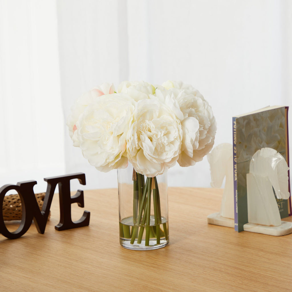 11” Peony Bouquet Artificial Arrangement in Glass Vase