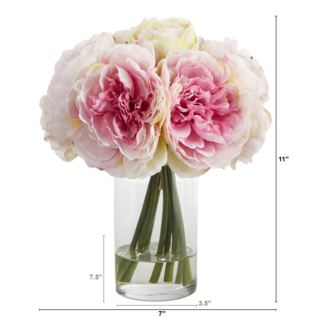 11” Peony Bouquet Artificial Arrangement in Glass Vase