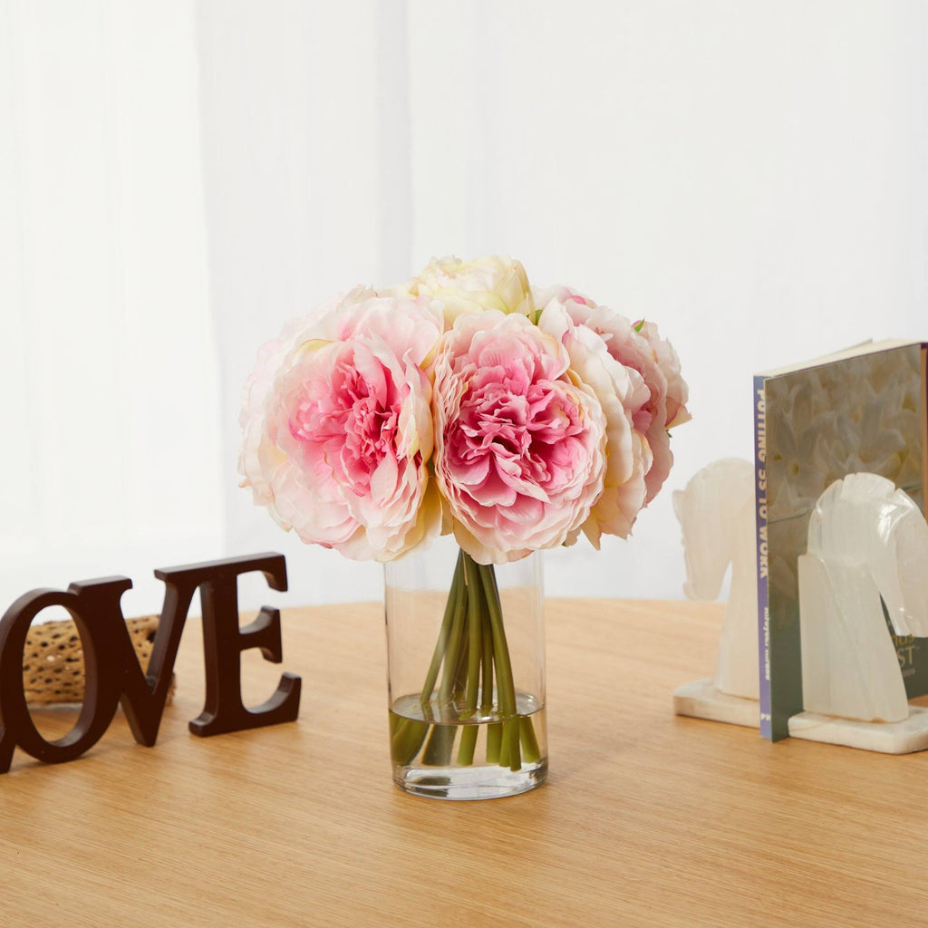 11” Peony Bouquet Artificial Arrangement in Glass Vase