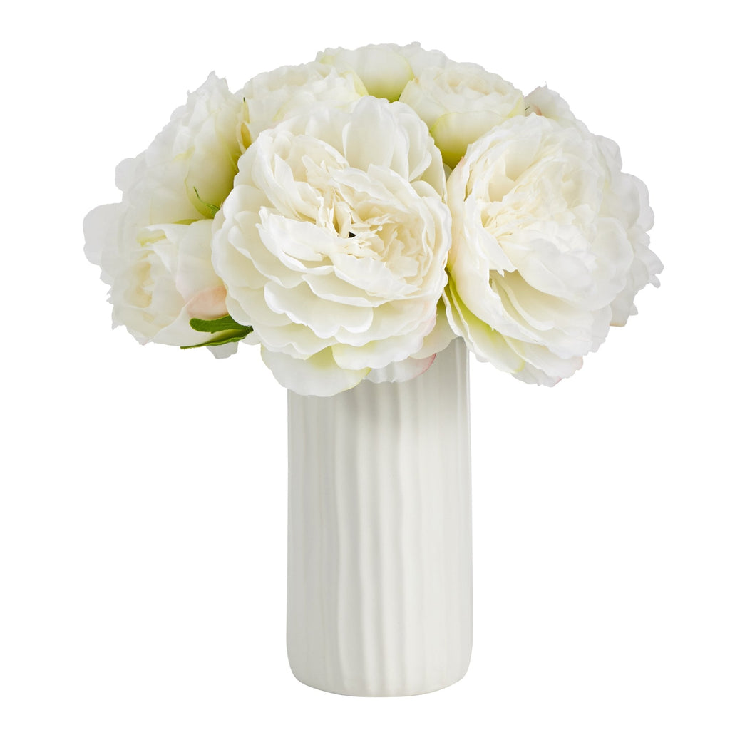 11” Peony Bouquet Artificial Arrangement in White Vase