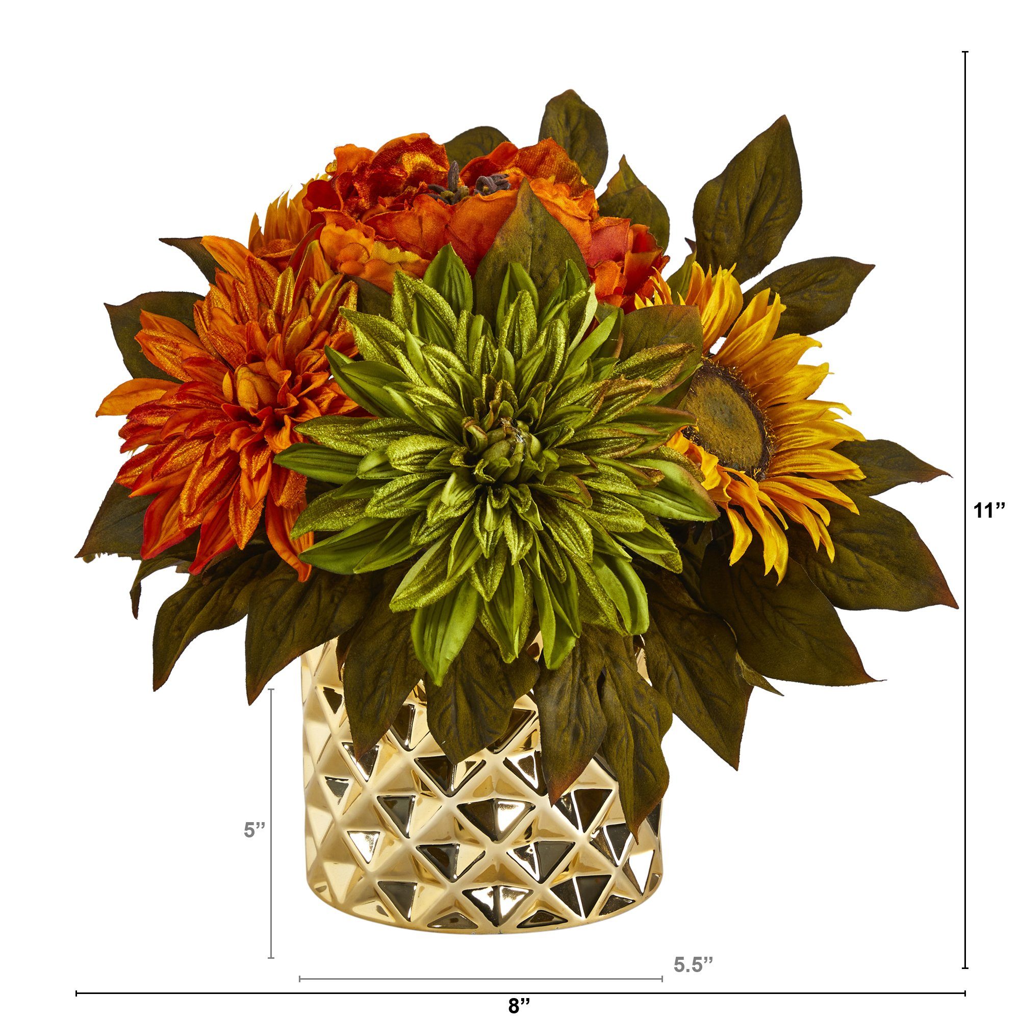 11” Peony, Dahlia and Sunflower Artificial Arrangement in Gold Vase