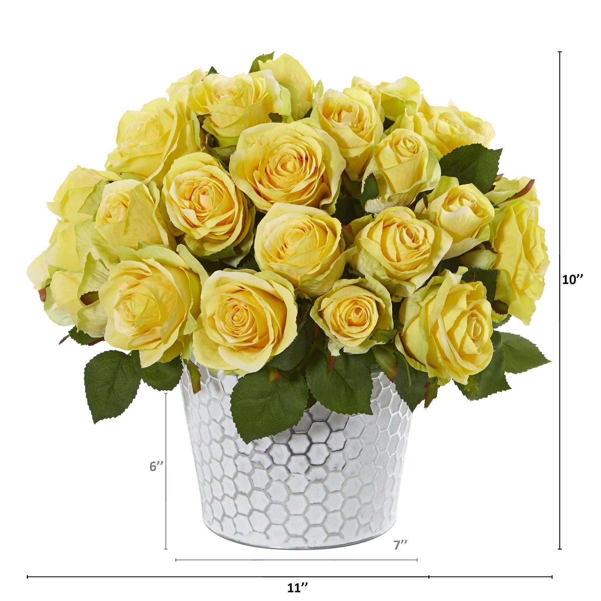 11” Rose Artificial Arrangement in Embossed White Planter