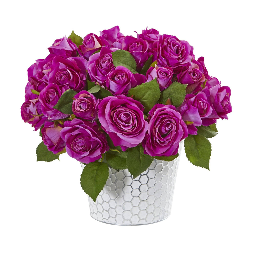 11” Rose Artificial Arrangement in Embossed White Planter