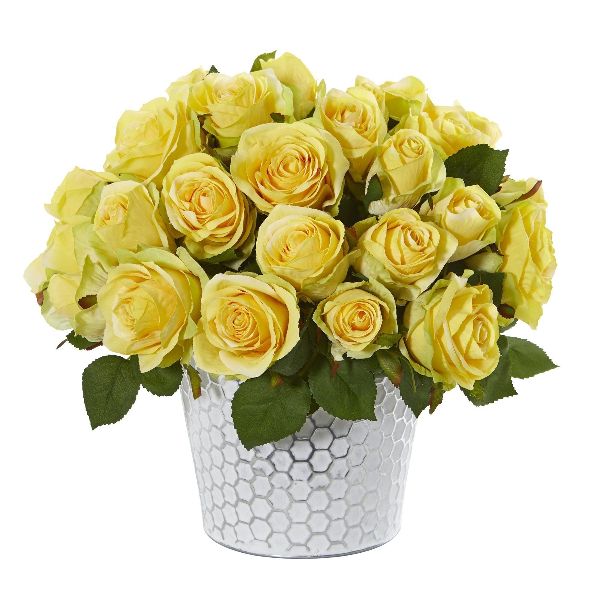 11” Rose Artificial Arrangement in Embossed White Planter