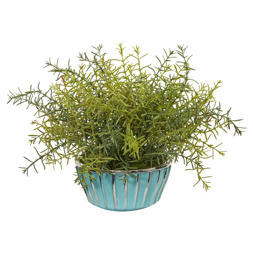 11” Rosemary Artificial Plant in Turquoise Bowl with Silver Trimming