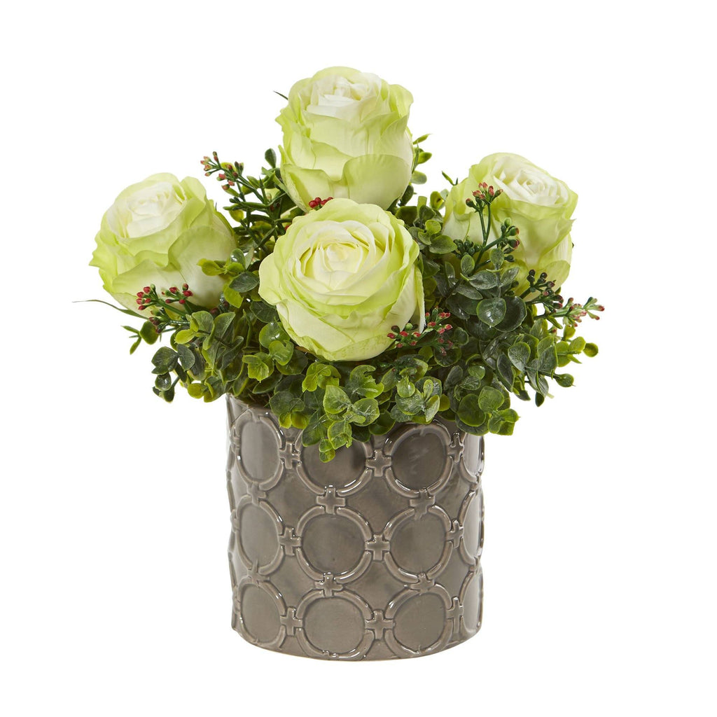 11” Roses and Eucalyptus Artificial Arrangement in Designer Vase