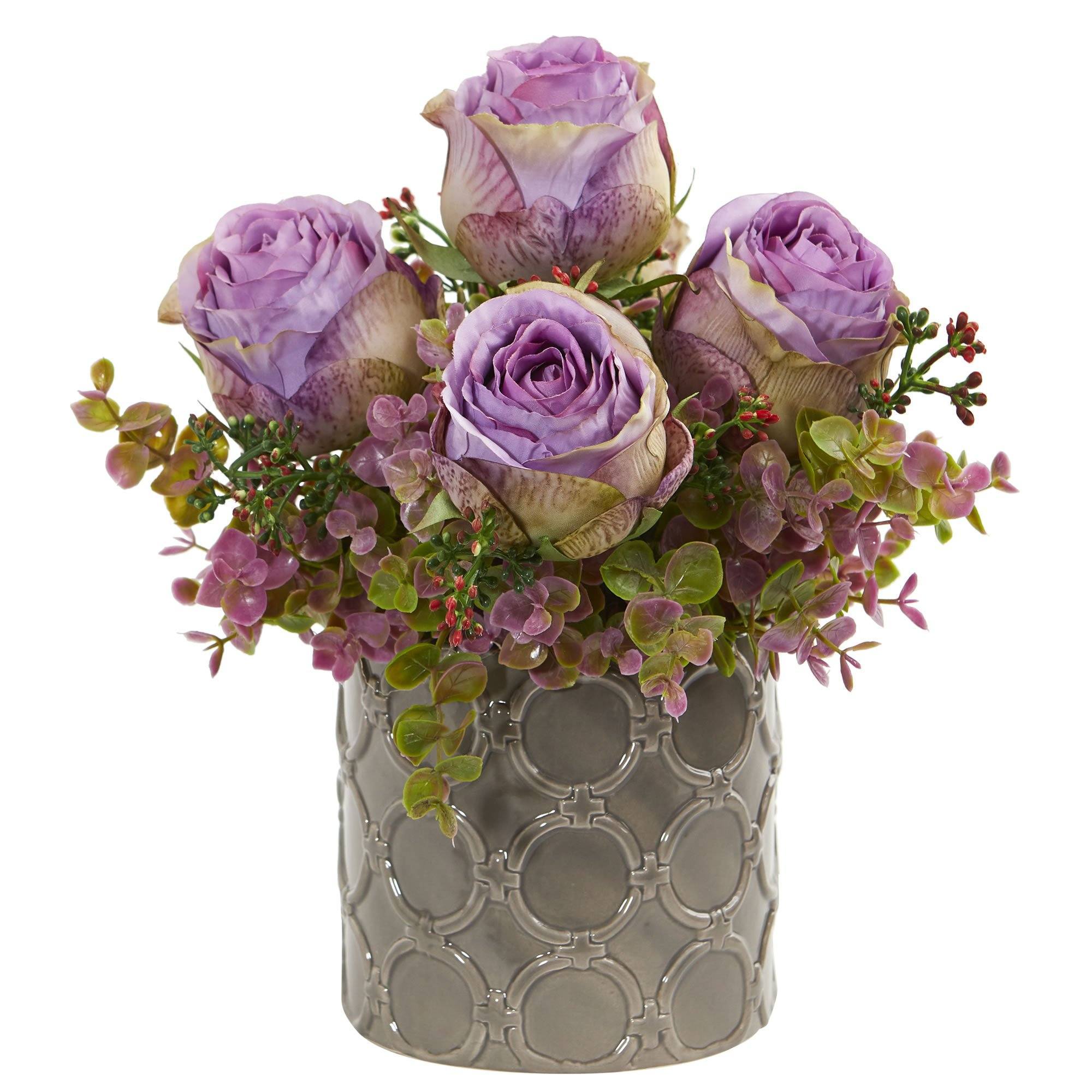 11” Roses and Eucalyptus Artificial Arrangement in Designer Vase