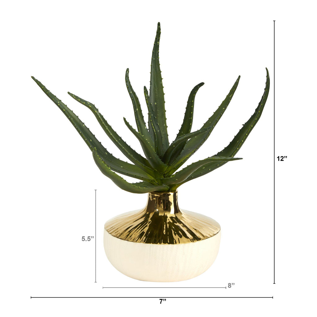 12” Aloe Succulent Artificial Plant in Gold and Cream Elegant Planter