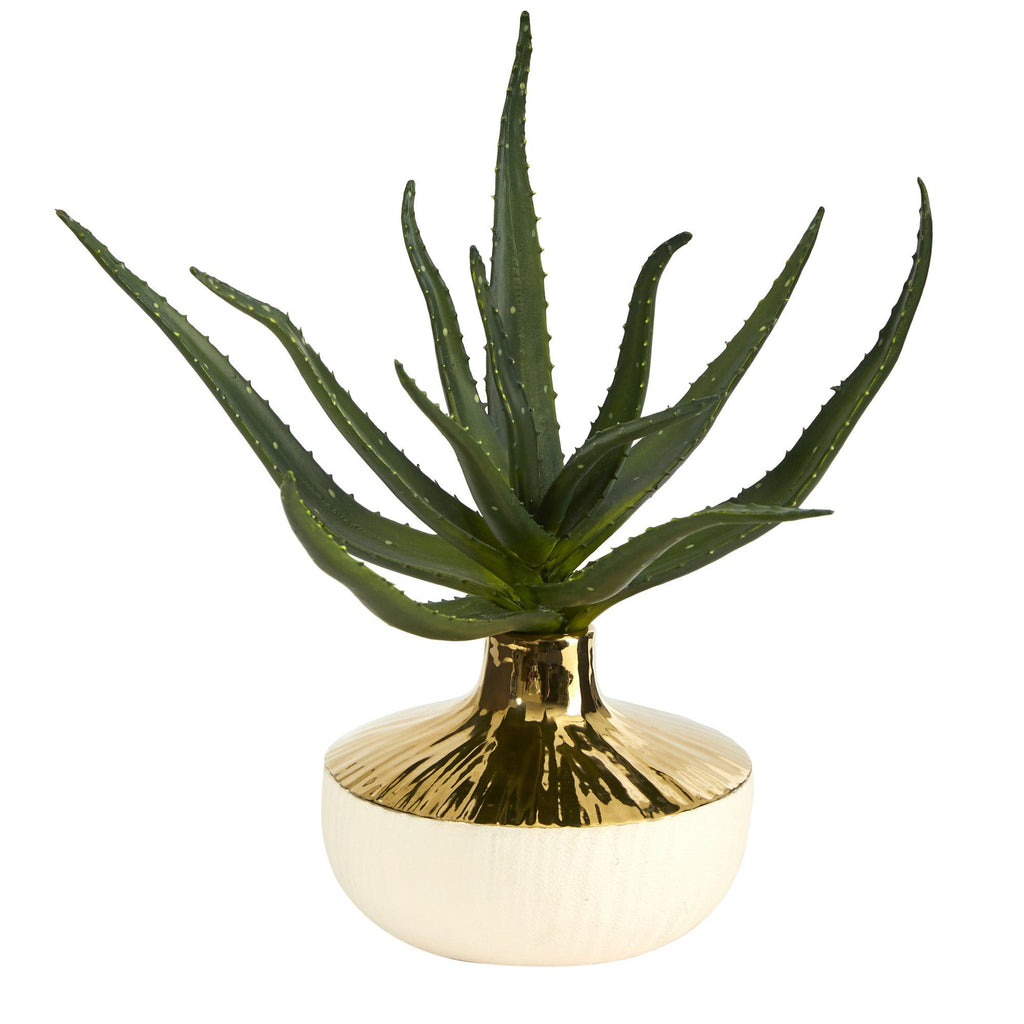 12” Aloe Succulent Artificial Plant in Gold and Cream Elegant Planter