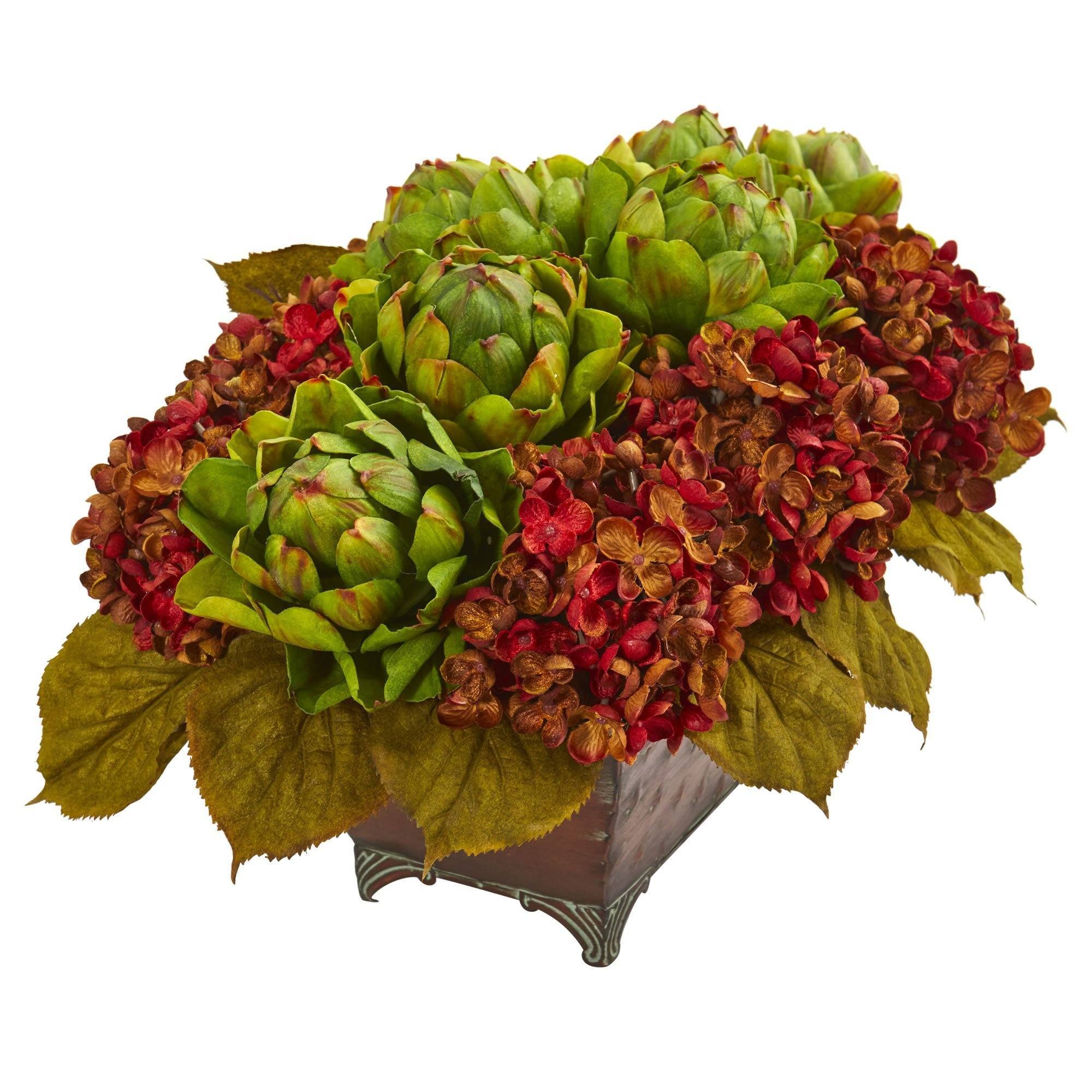 12" Artificial Arrangement Hydrangea & Artichokes in Metal Planter"