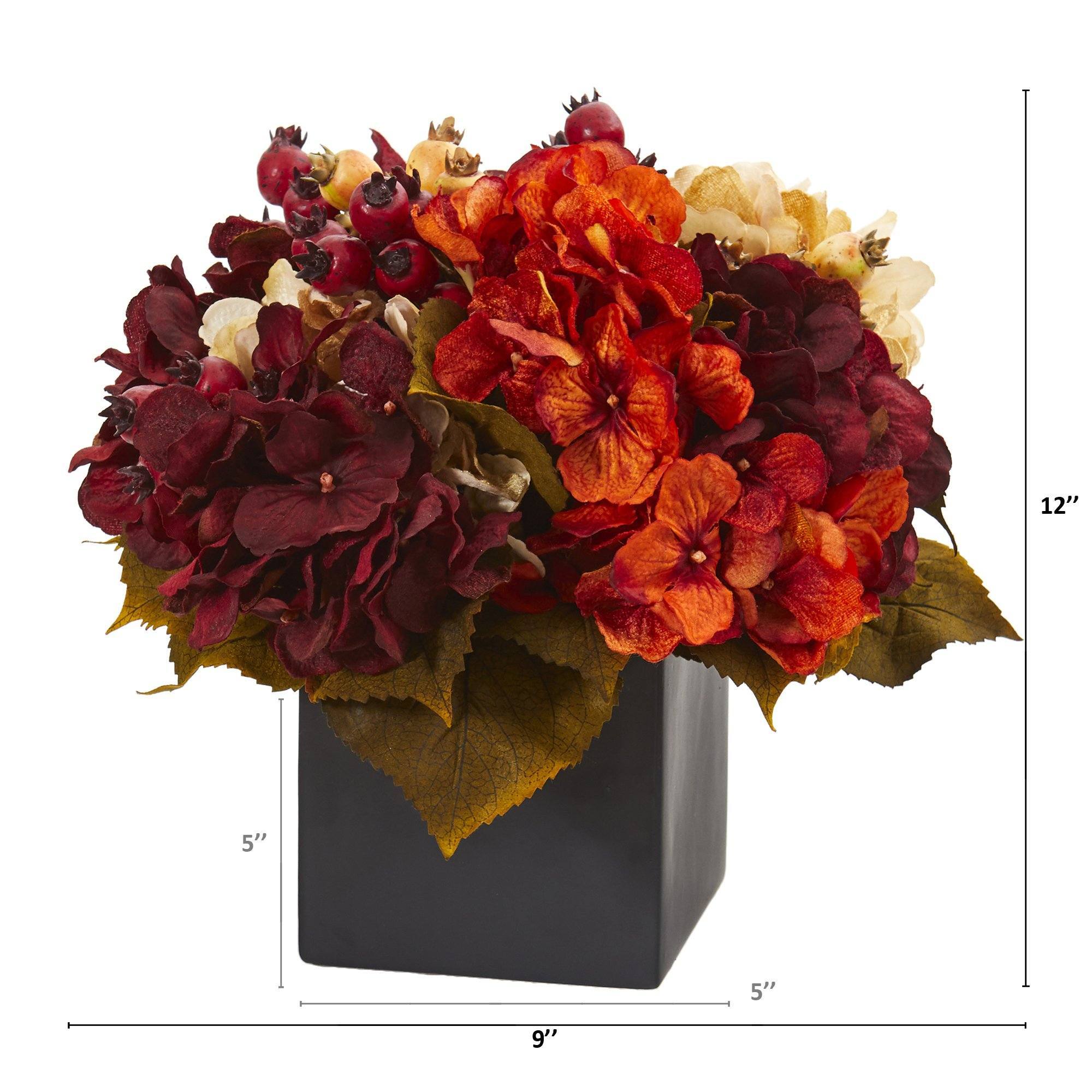 12” Autumn Hydrangea Berry Artificial Arrangement in Black Vase