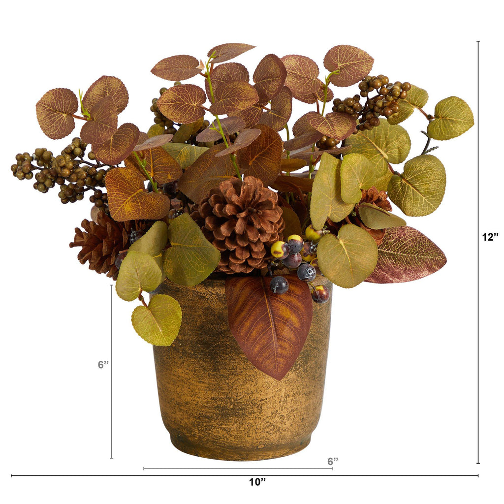 12” Fall Eucalyptus, Pinecones and Berries Artificial Autumn Arrangement in Decorative Vase