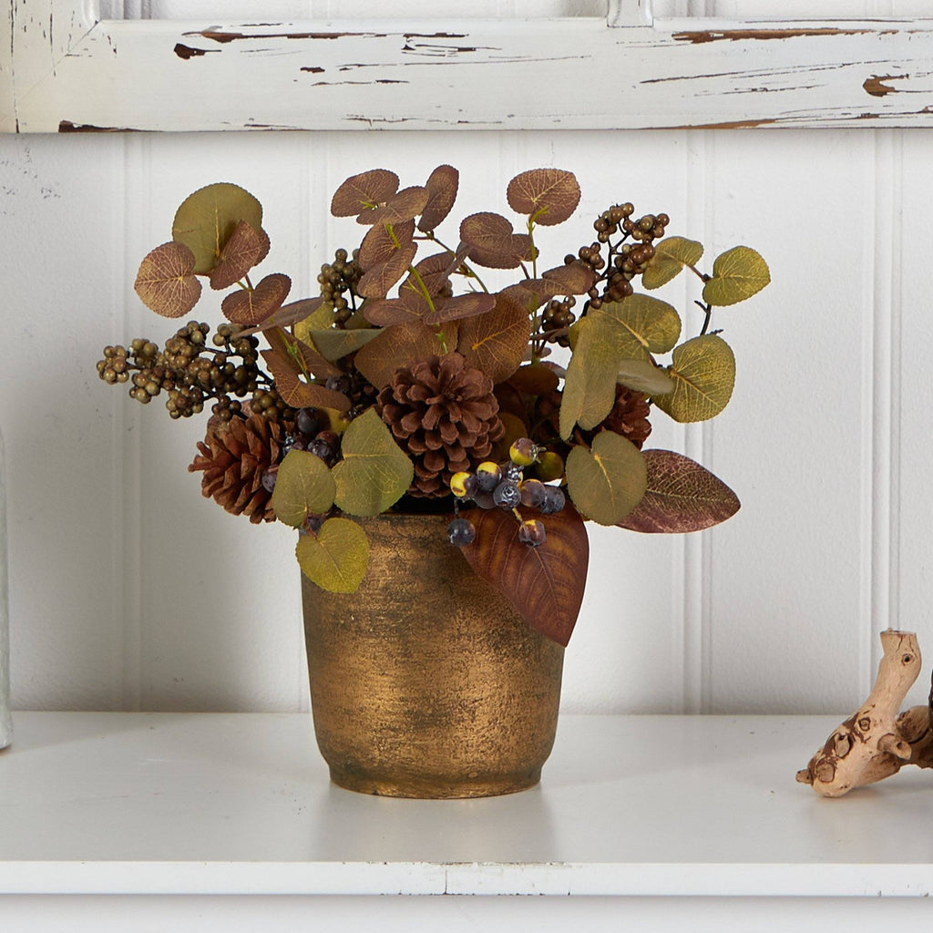 12” Fall Eucalyptus, Pinecones and Berries Artificial Autumn Arrangement in Decorative Vase