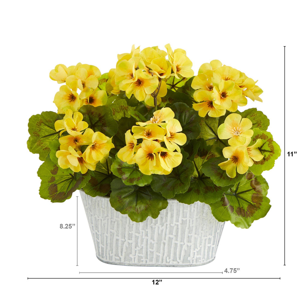 12” Geranium Artificial Plant in White Tin Planter UV Resistant (Indoor/Outdoor)
