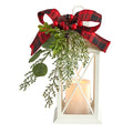 12" Holiday White Lantern With Berries, Pine and Plaid Bow Christmas Table Arrangement"