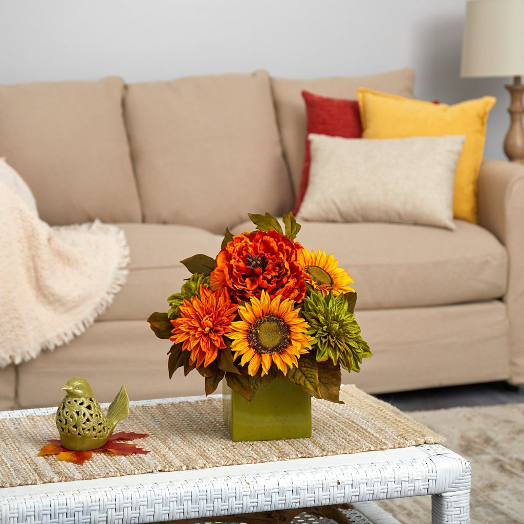 12” Peony, Dahlia and Sunflower Artificial Arrangement in Green Vase