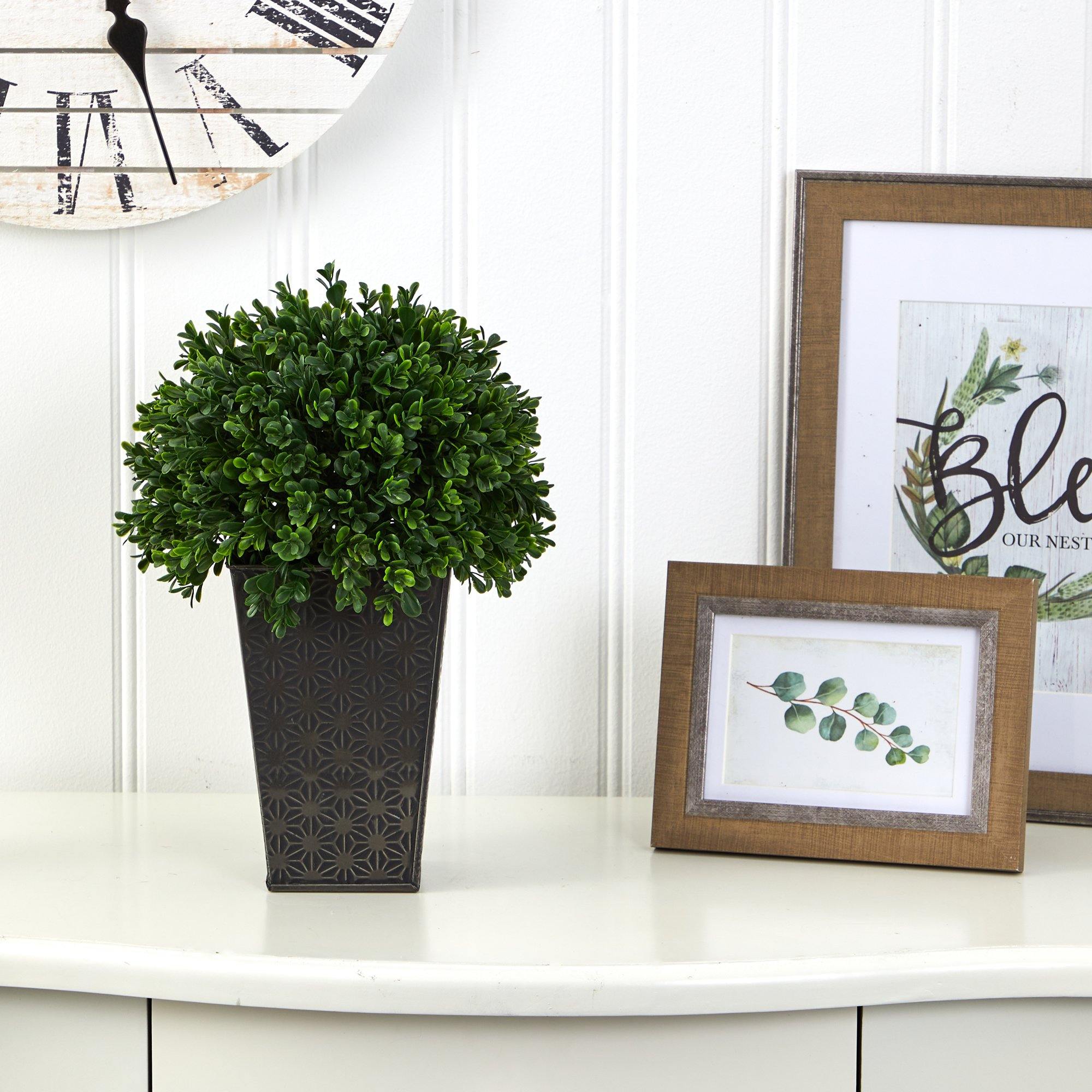 13” Boxwood Topiary Artificial Plant in Embossed Black Planter (Indoor/Outdoor)