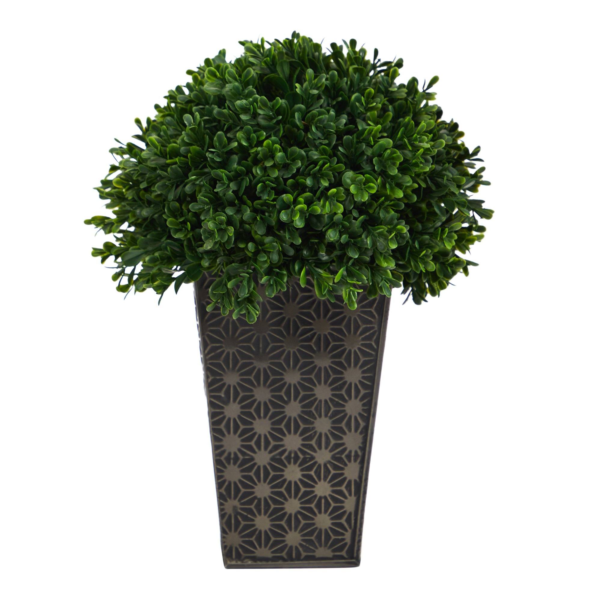 13” Boxwood Topiary Artificial Plant in Embossed Black Planter (Indoor/Outdoor)