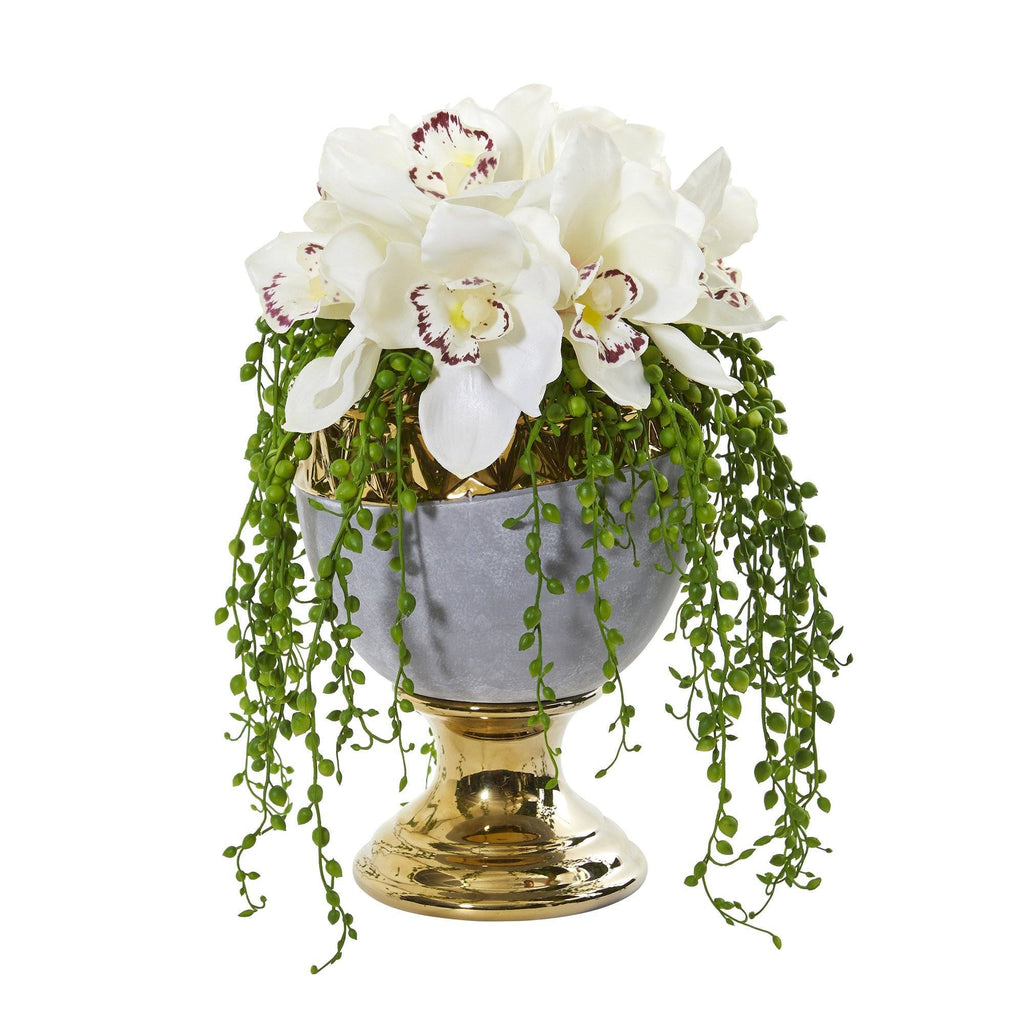 13” Cymbidium Orchid Artificial Arrangement in Designer Urn