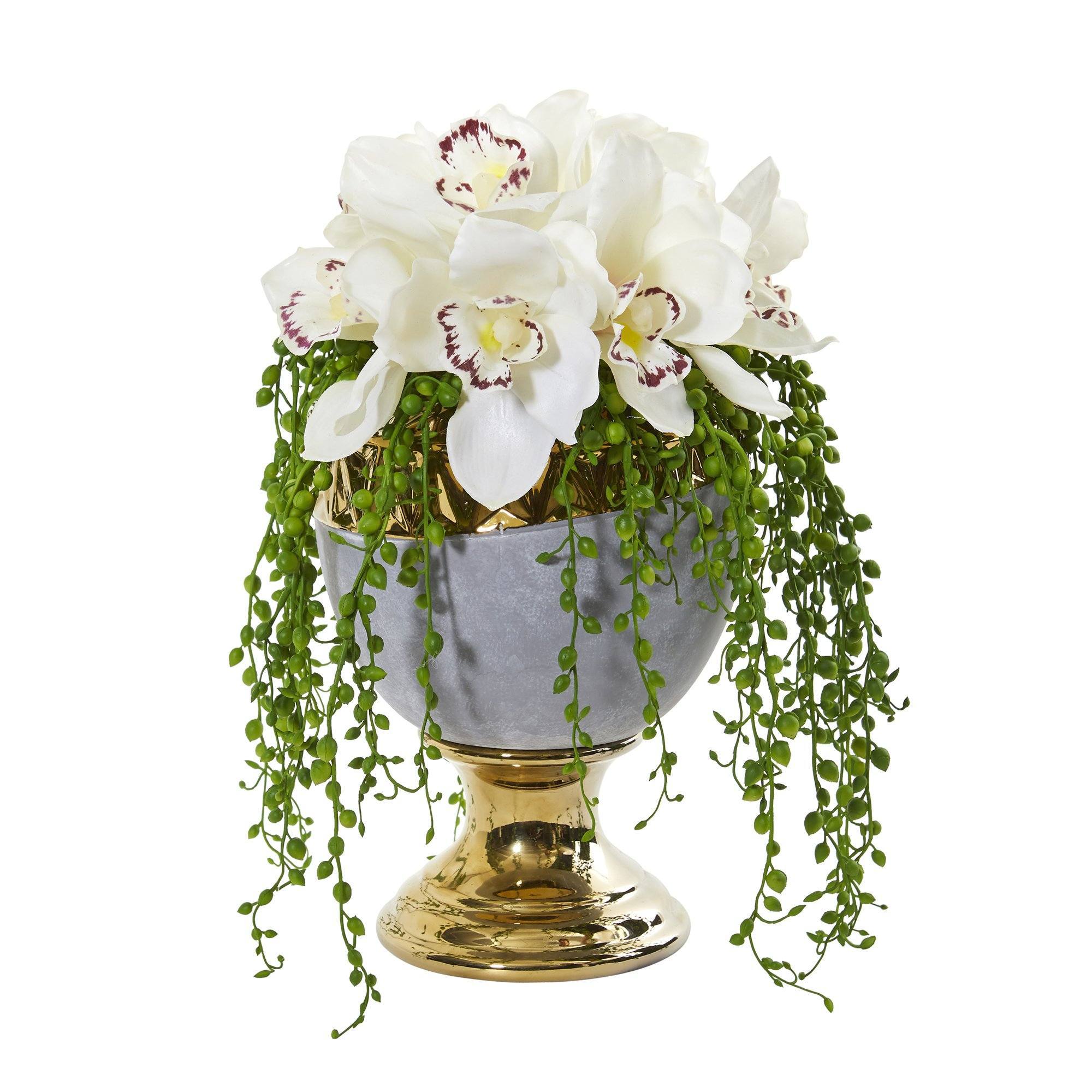 13” Cymbidium Orchid Artificial Arrangement in Designer Urn