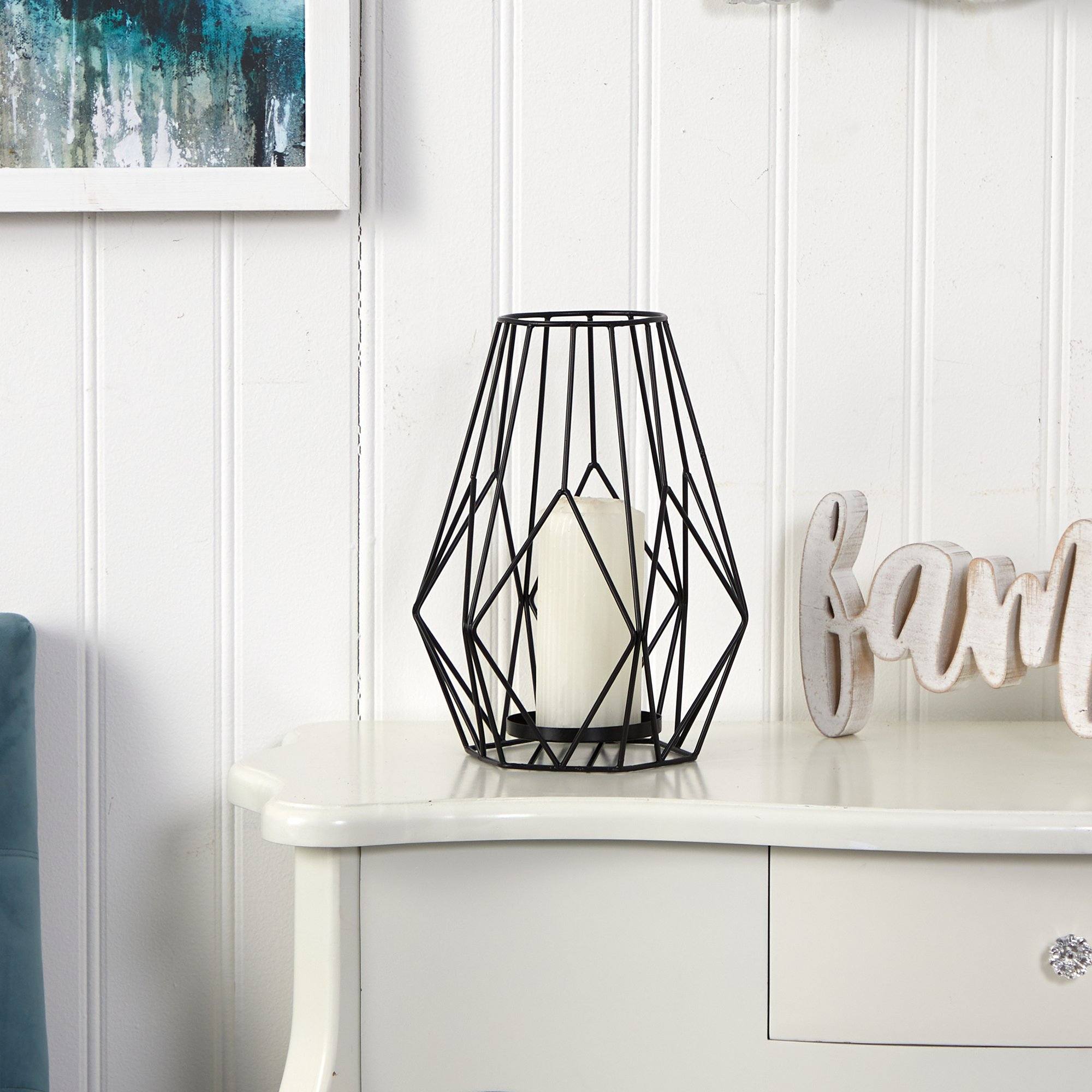 13” Geometric Black Metal Wire Votive Tea Lantern Candle Holder