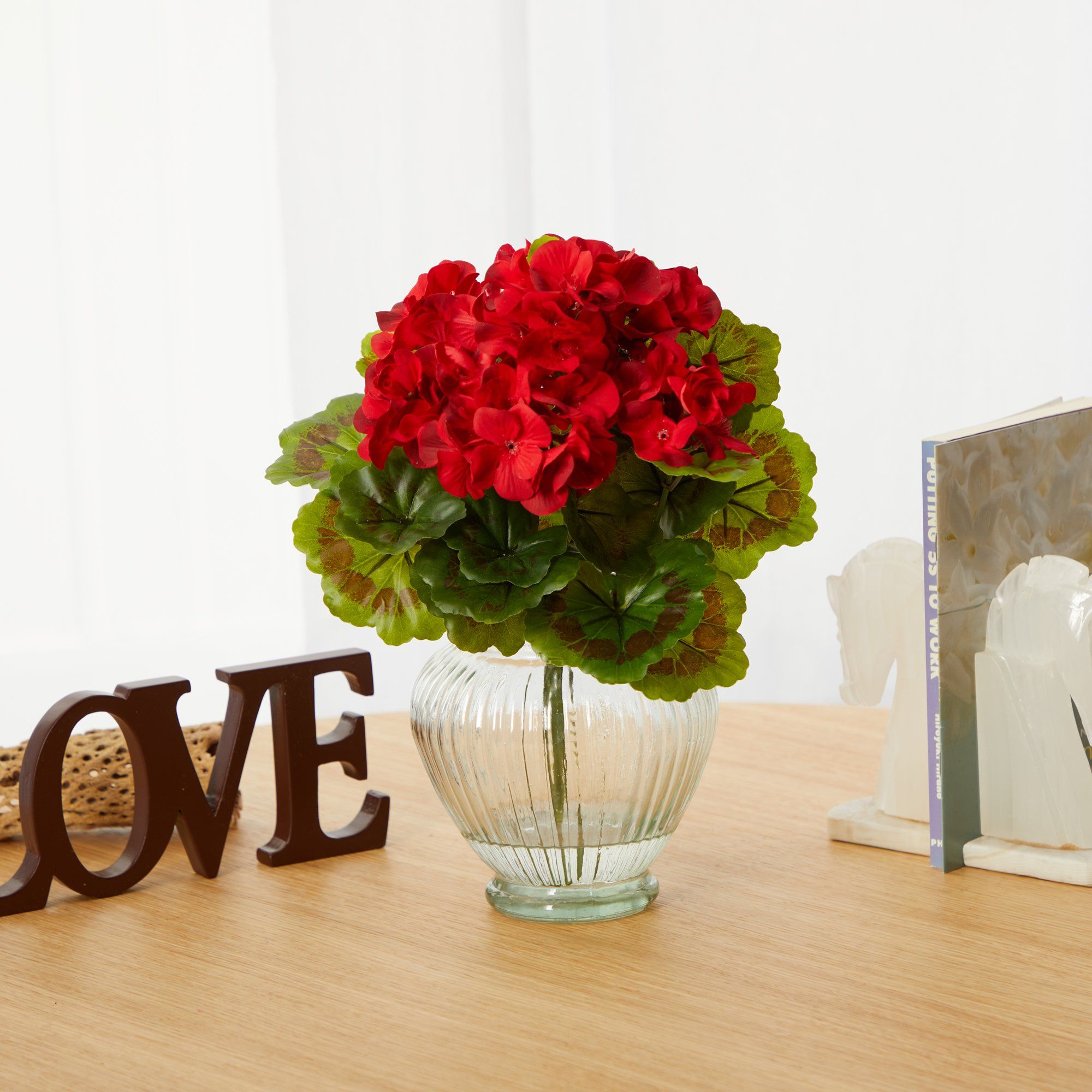 13” Geranium Artificial Plant in Glass Planter UV Resistant (Indoor/Outdoor)