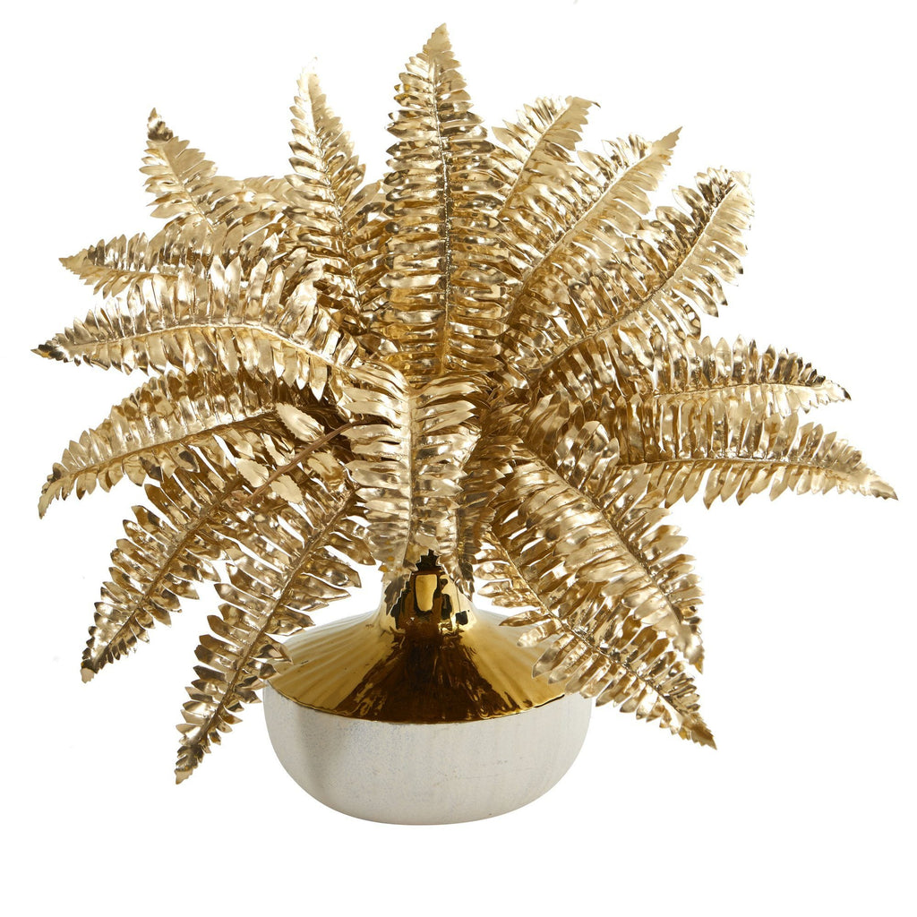 13” Golden Boston Fern Artificial Plant in Gold and Cream Elegant Vase