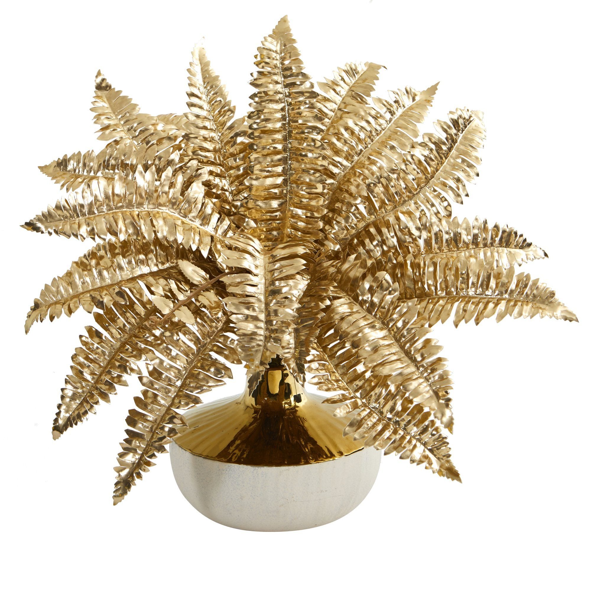 13” Golden Boston Fern Artificial Plant in Gold and Cream Elegant Vase