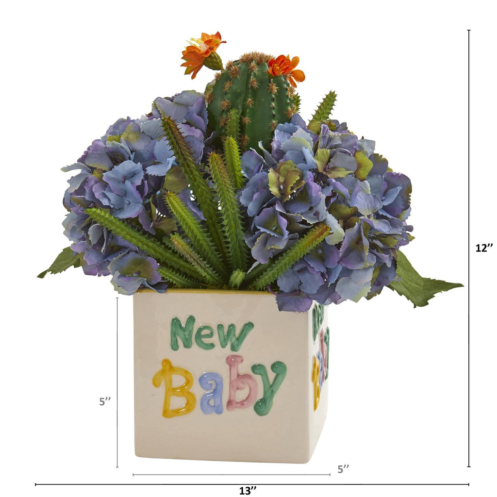 13” Hydrangea and Cactus Artificial Arrangement in “New Baby” Vase